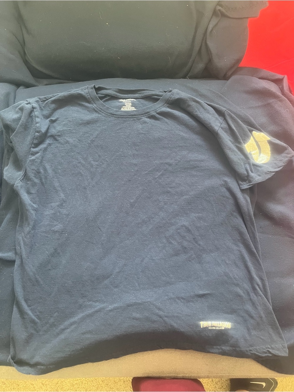 True Religion Navy Short Sleeve Tee with Yellow Logo Accent